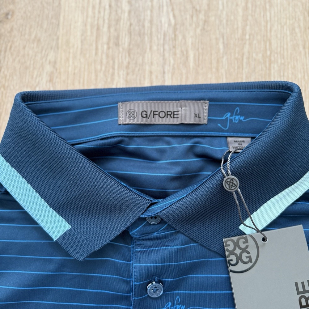 Men's Navy Striped Performance Polo Shirt by G/Fore - Picture 6 of 9